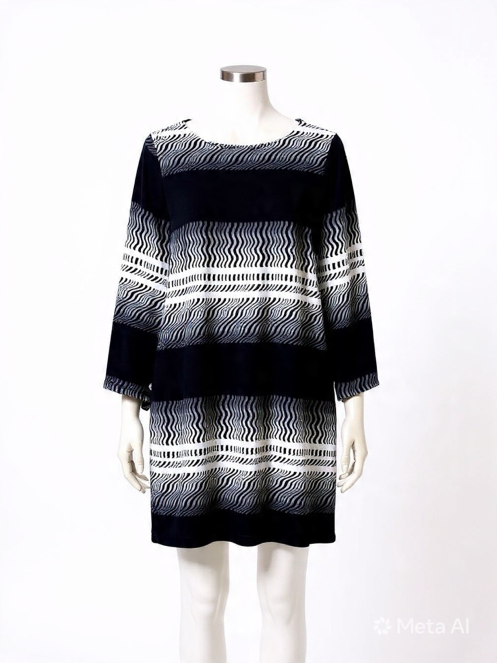 Emma & Michele Black and White Wave-Stripe Shift Dress